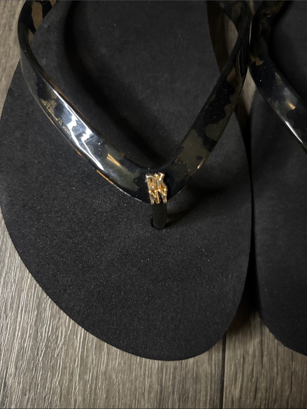 DKNY Black Flip Flops with Gold Logo and Teal Size Dot - Picture 3 of 6